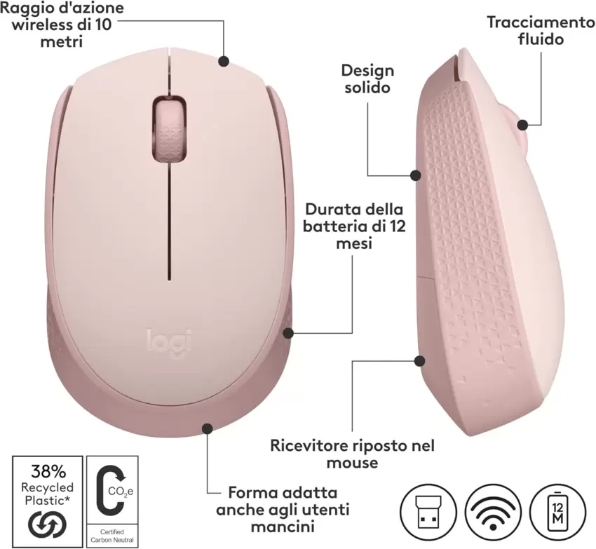 LOGITECH M171 Wireless Ottico Mouse Nero/Blu/Rosso/Rosa  