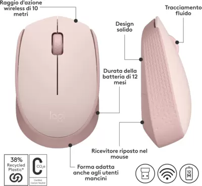 LOGITECH M171 Wireless Ottico Mouse Nero/Blu/Rosso/Rosa 