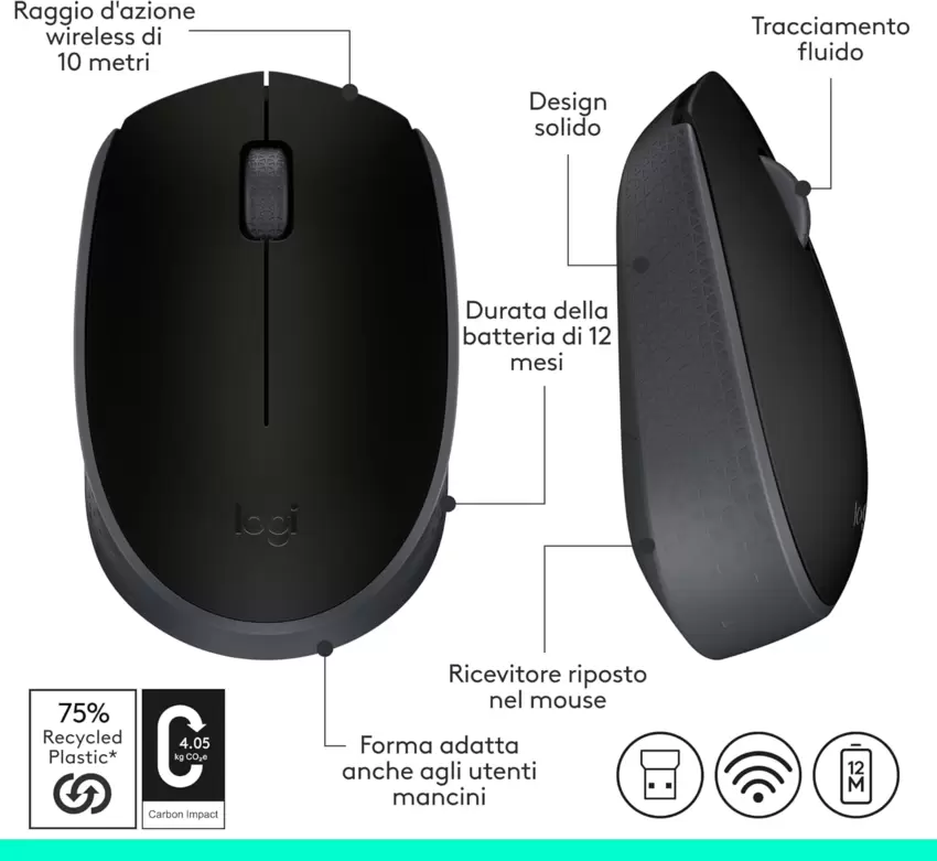 LOGITECH B170 Wireless Ottico Mouse Nero  